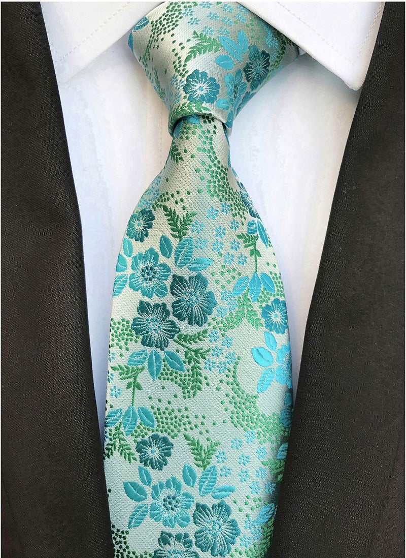 Elfeves Men's Cyan Blue Green Tie Floral Woven Silk Paisley Formal Necktie for Gentleman - Image 2